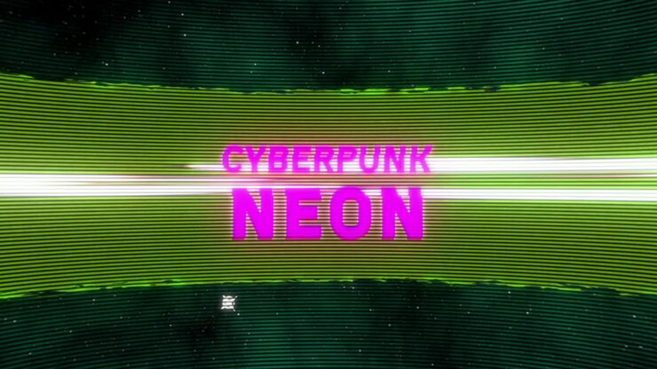 Mirino che inizia a spostarsi, forma d'onda pulsante, raggio che scansiona svelando il testo CYBERPUNK NEON nel vuoto