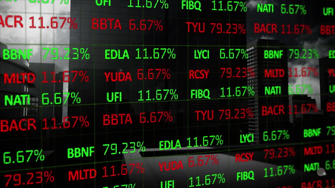 Animatie van financiële gegevensverwerking boven de stad