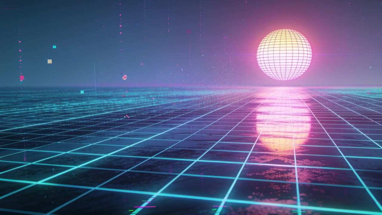 Pulsing orb causing ripples on neon cyan grid plane and glossy surface, with drifting particles