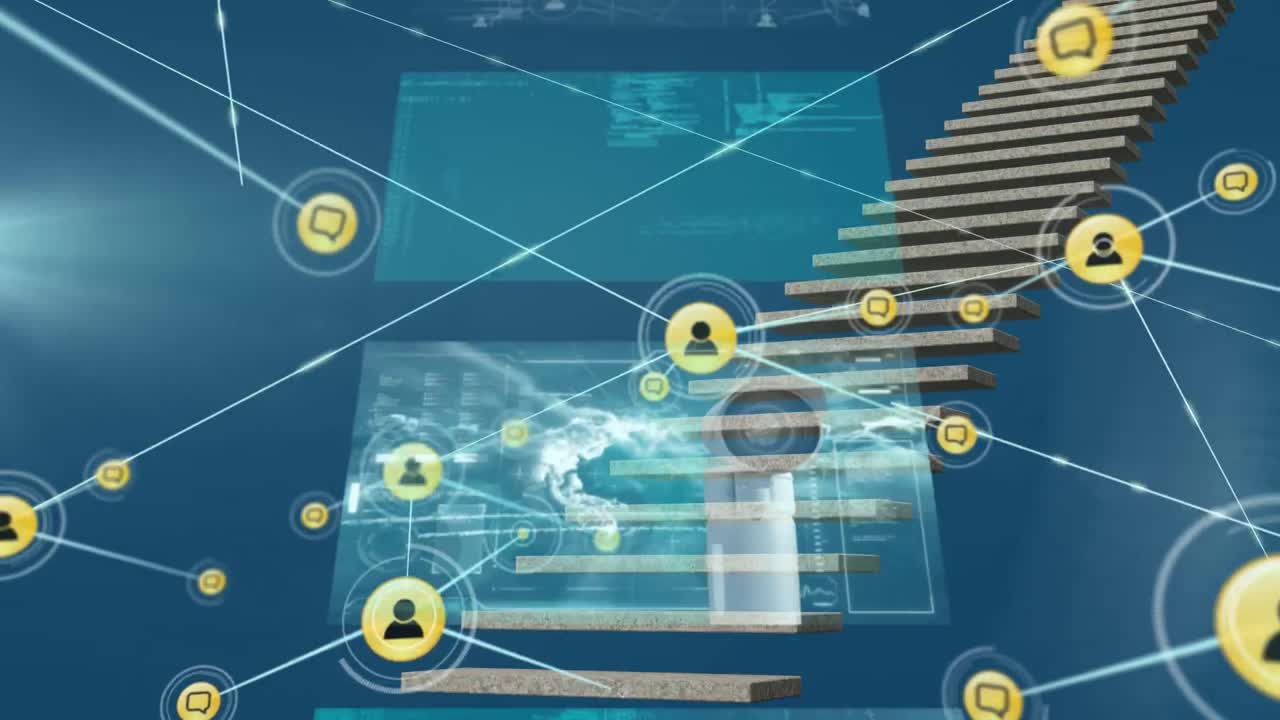 파란색 배경에 데이터 처리를 하는 화면 위의 프로필 아이콘 네트워크의 애니메이션