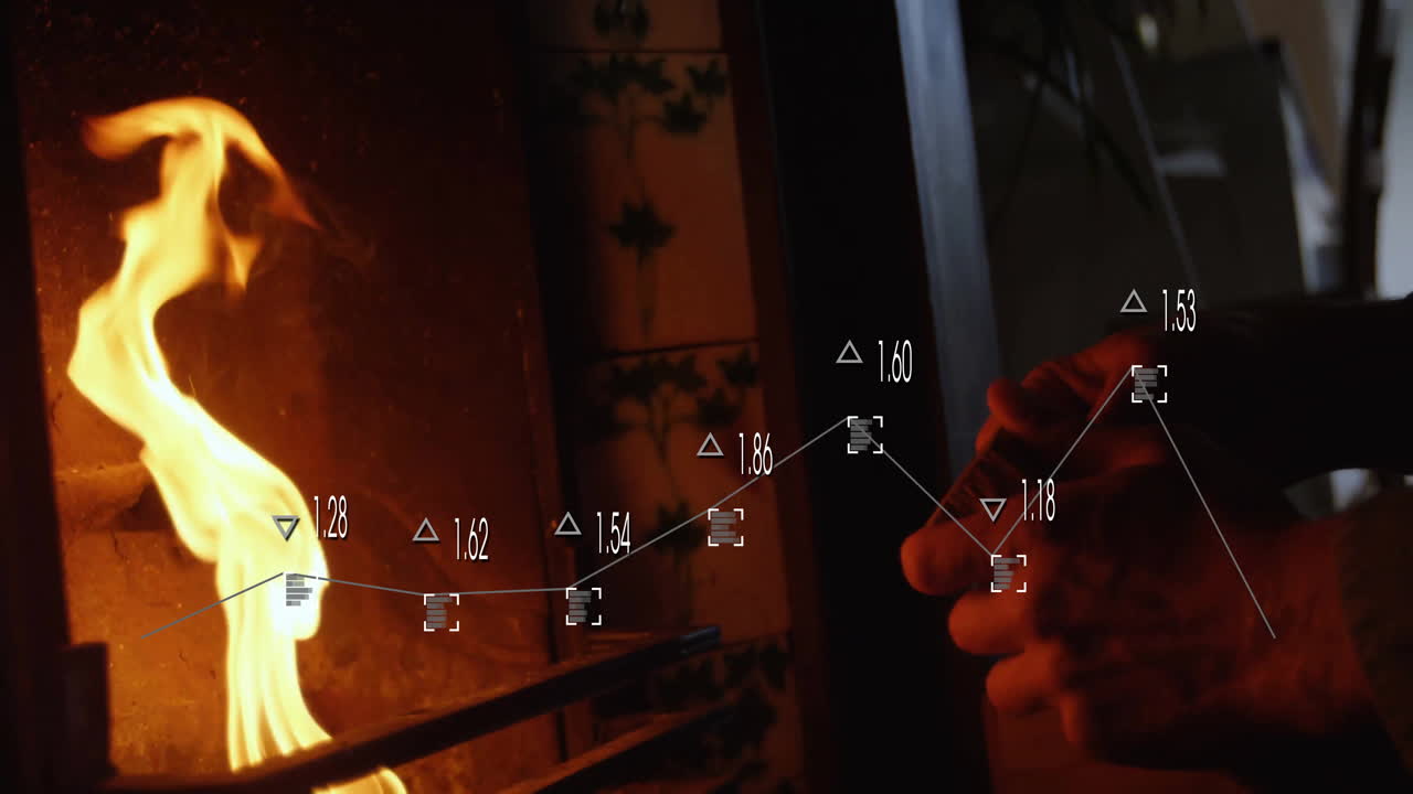 Craftsman heating metal rod near furnace flame, technology overlays showing numeric data charts