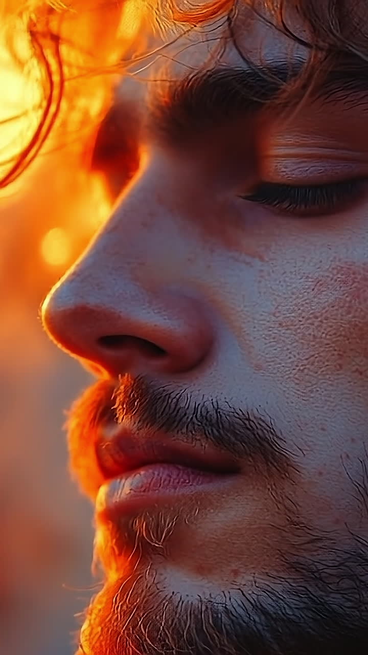 Close-up of young man with fire glow. A young man stands in profile, illuminated by the warm glow of a fire in the background, reflecting deep contemplation.