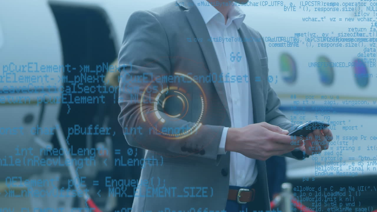 스마트 폰과 비행기를 사용하는 코카서스 사업가에 대한 범위 및 데이터 처리 애니메이션