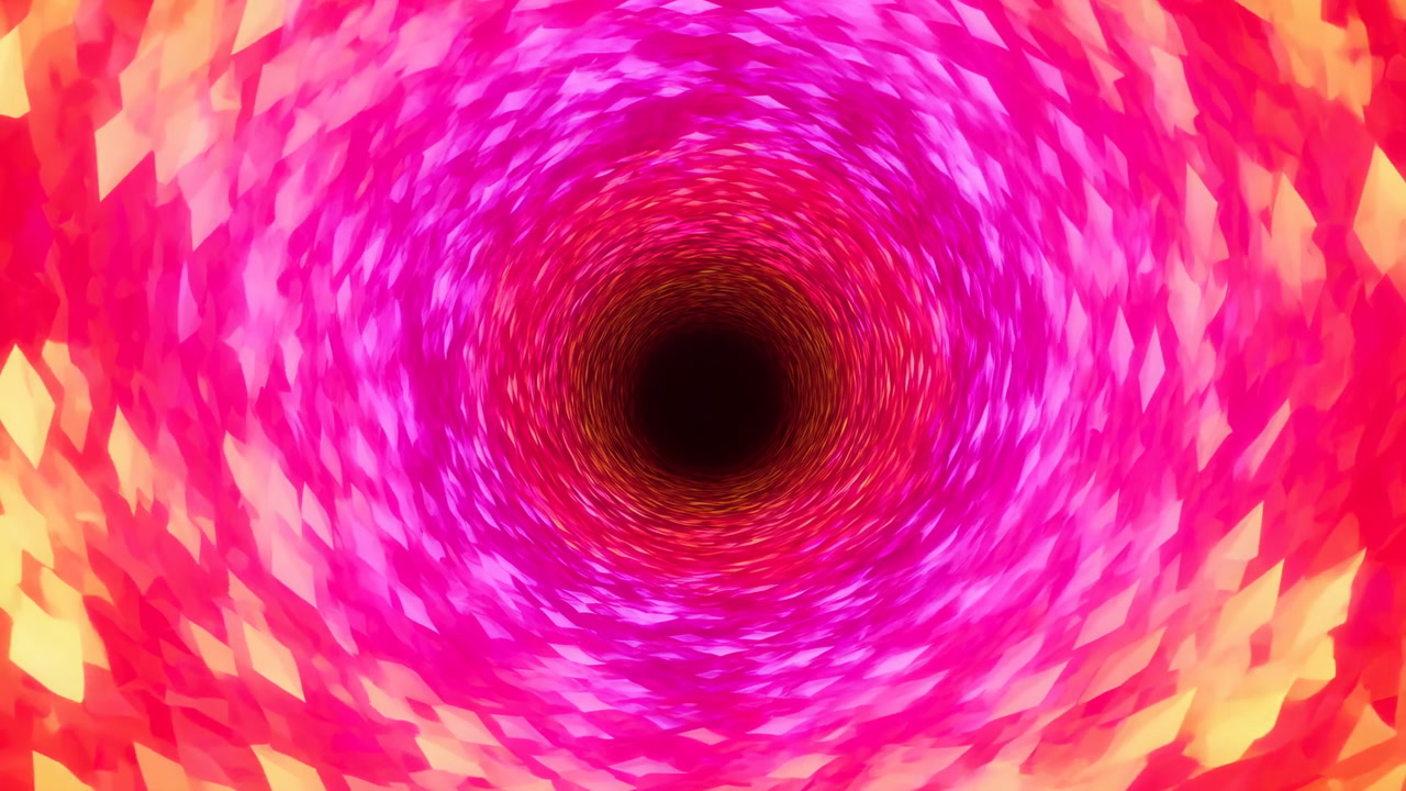 Colorful Psychedelic Tunnel Swirling Toward Center, Neon Kaleidoscope Pattern Of Shifting Shards, Hypnotic