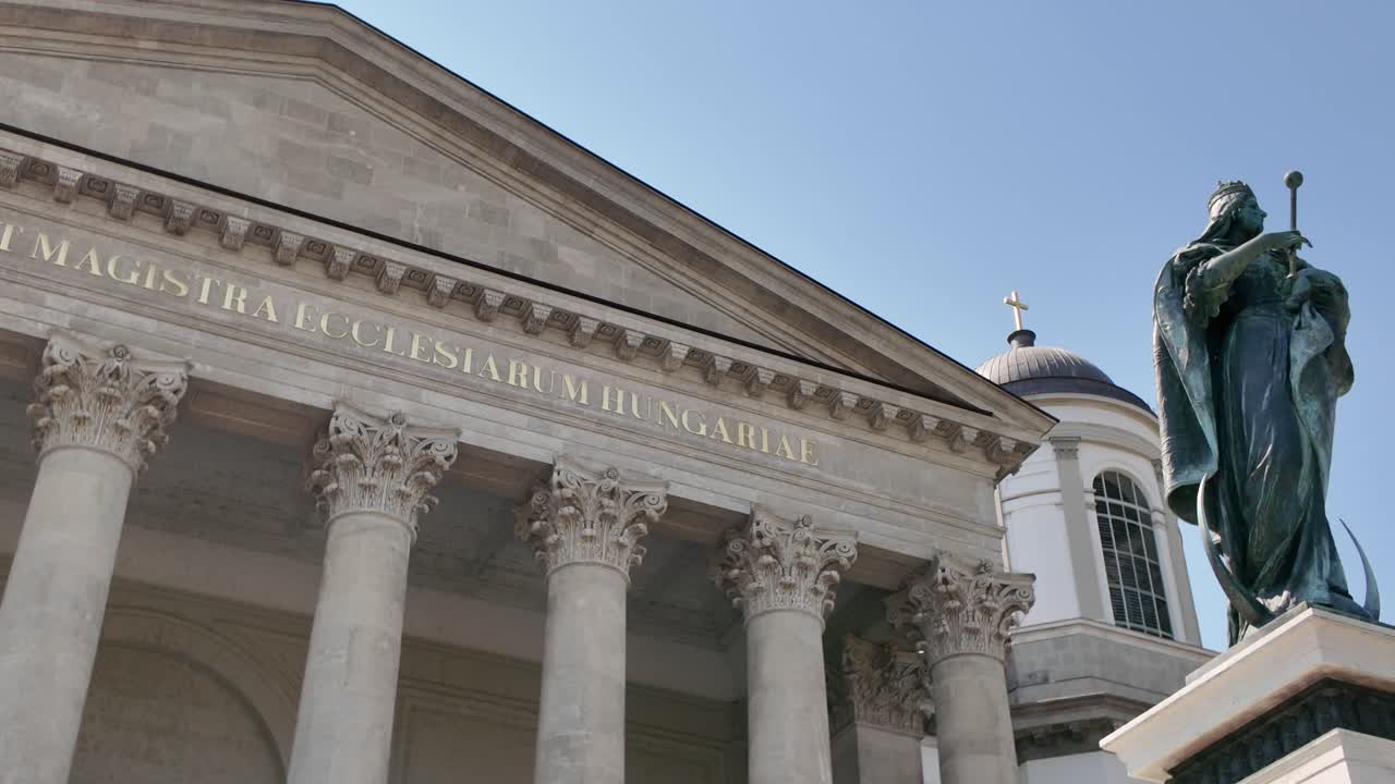 Neoclassical Esztergom Basilica with statue and columns in Hungary