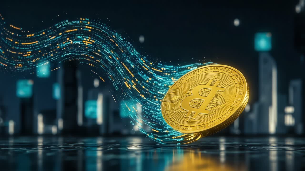 Una visualizzazione dinamica della criptovaluta in movimento: la moneta Bitcoin dorata scivola attraverso un paesaggio digitale futuristico che rappresenta la tecnologia blockchain