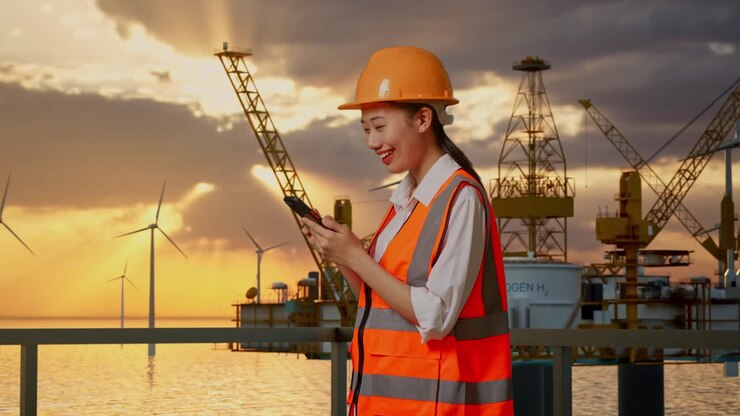 Side View Of Asian Female Engineer With Safety Helmet Using Smartphone While Standing With Hydrogen Production