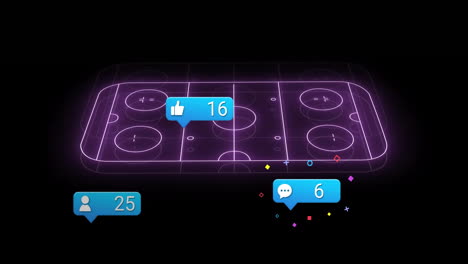 animation of neon hockey rink with social media notifications on dark background