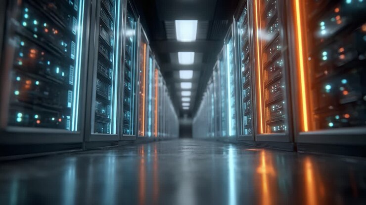 Exploring the Intricate Design of a Modern Data Center: A Visual Journey Through High-Tech Server Racks and Ambient Lighting