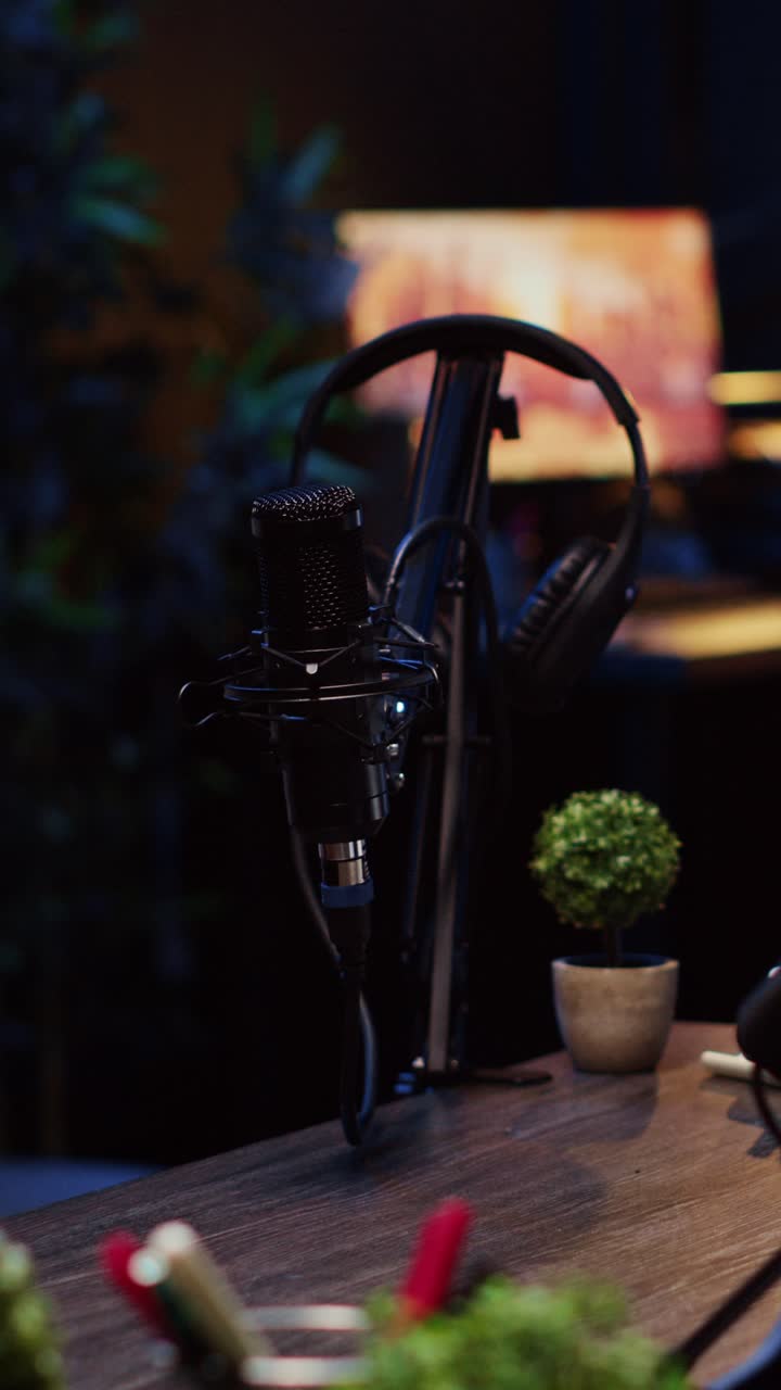 Video verticale. Panning di una scrivania in uno studio di produzione domestico con apparecchiature tecnologiche per la registrazione di podcast
