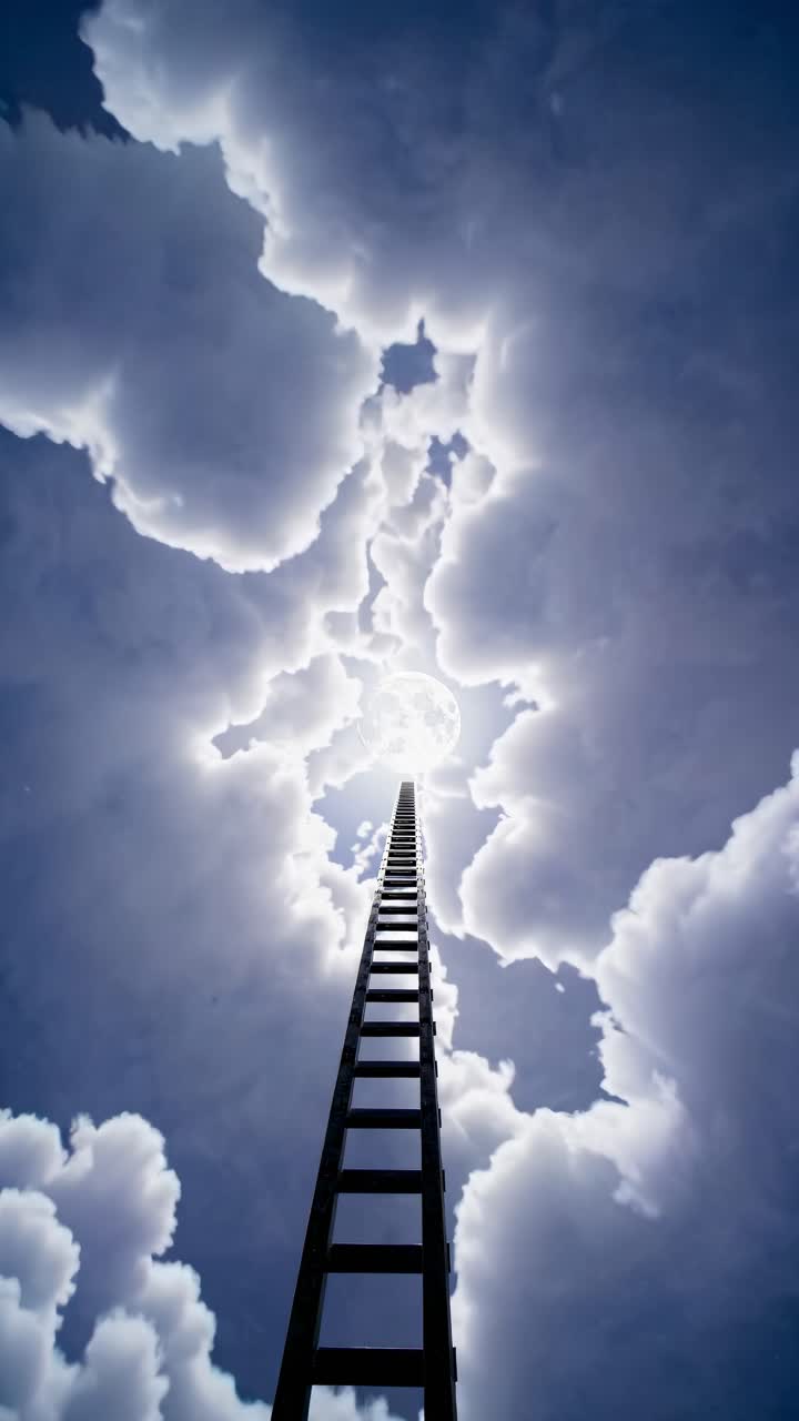 Surreal video concept with a low-angle view of a ladder reaching through clouds towards the sky