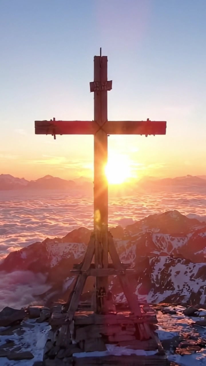 Ein majestätischer Sonnenaufgang über den Wolken: Ein Holzkreuz, das sich vor einer atemberaubenden Berglandschaft voller natürlicher Schönheit abzeichnet