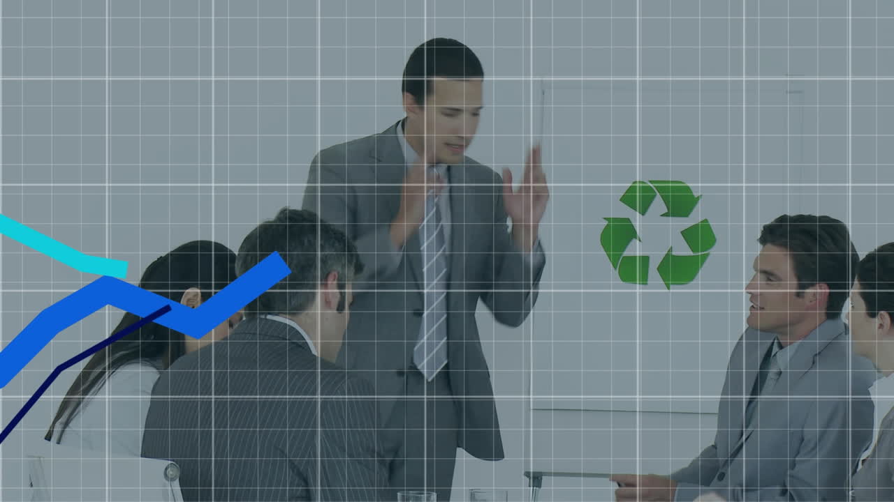 Animation of financial data processing over diverse business people in office