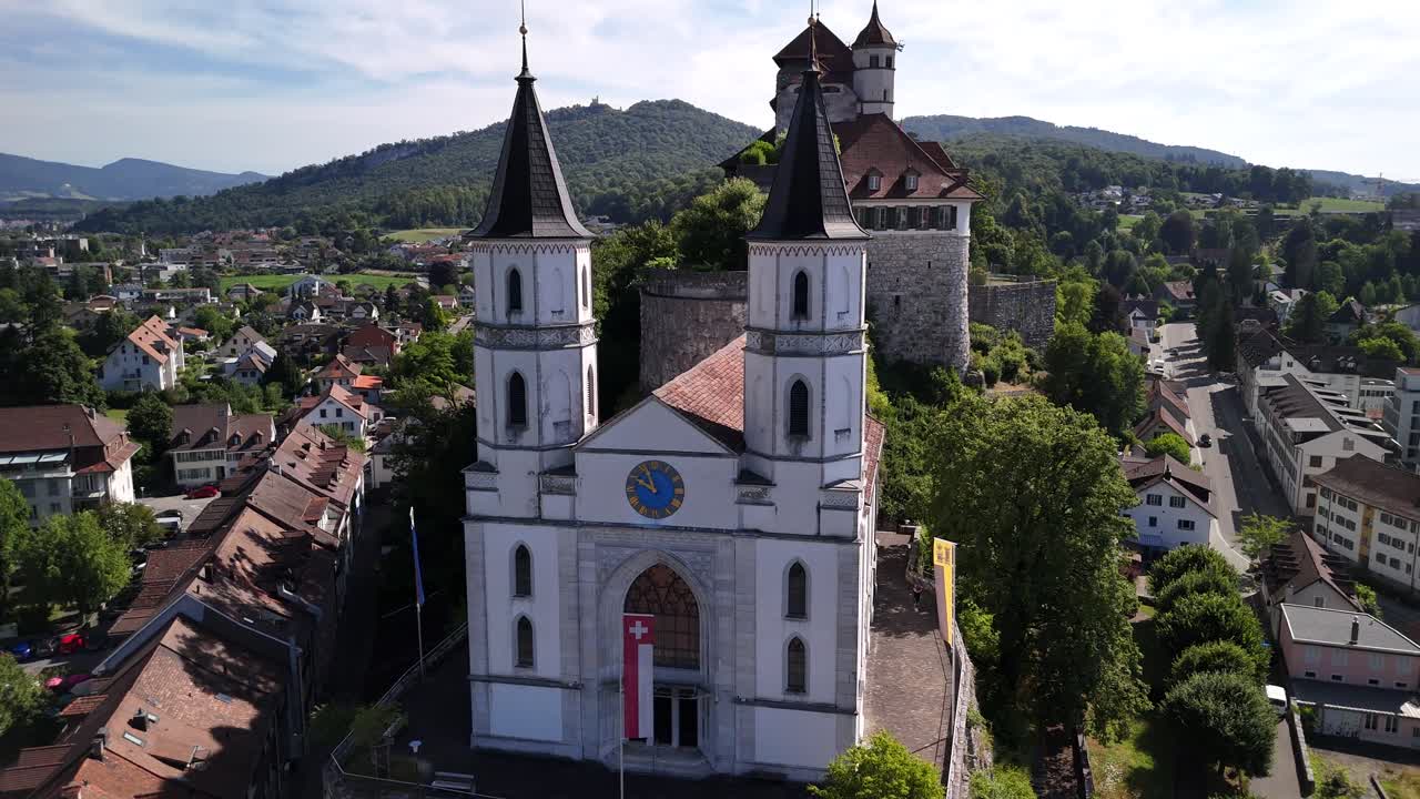 Aarburg Reformed Church landmark medieval castle in background Switzerland aerial drone