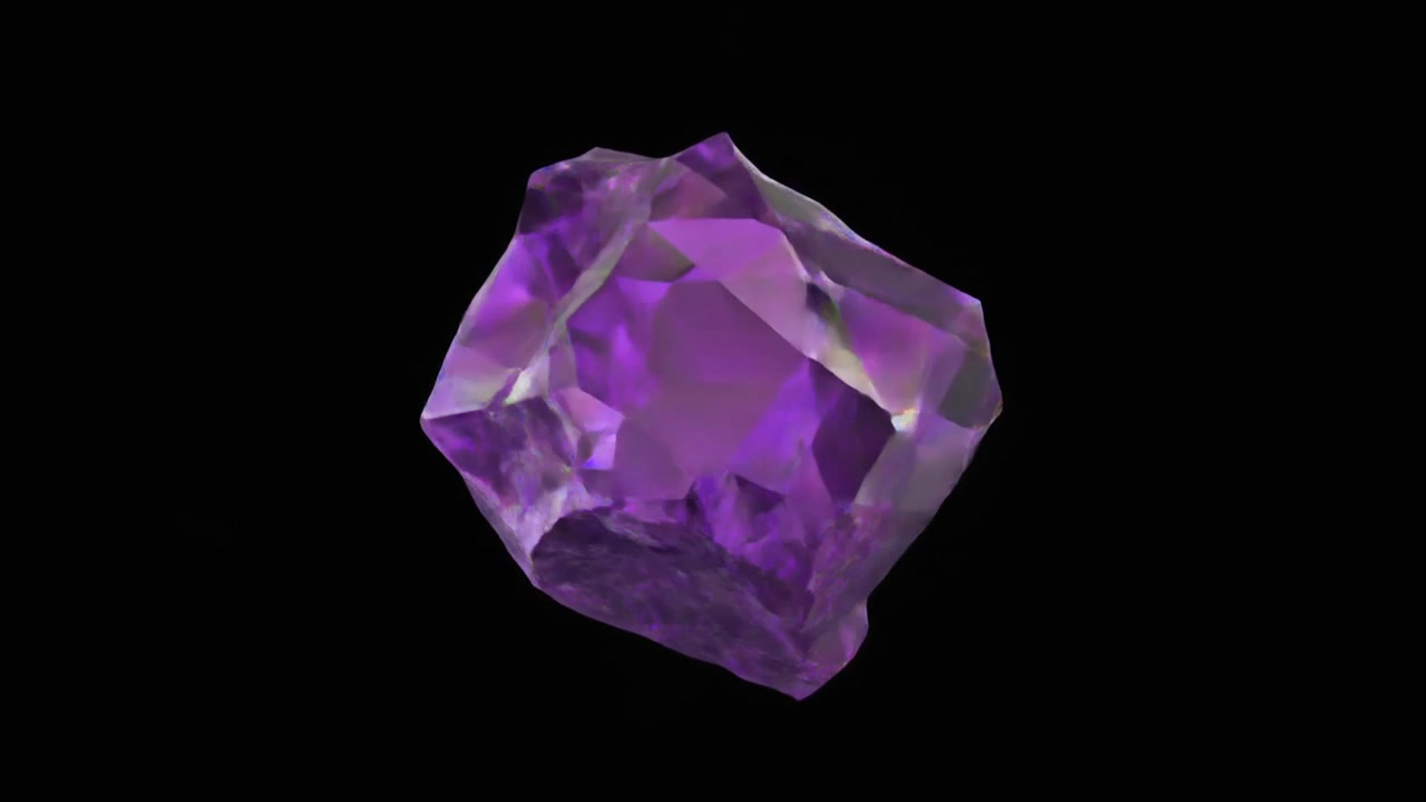 Rotating Amethyst Gemstone Shattering into Multiple Fragments