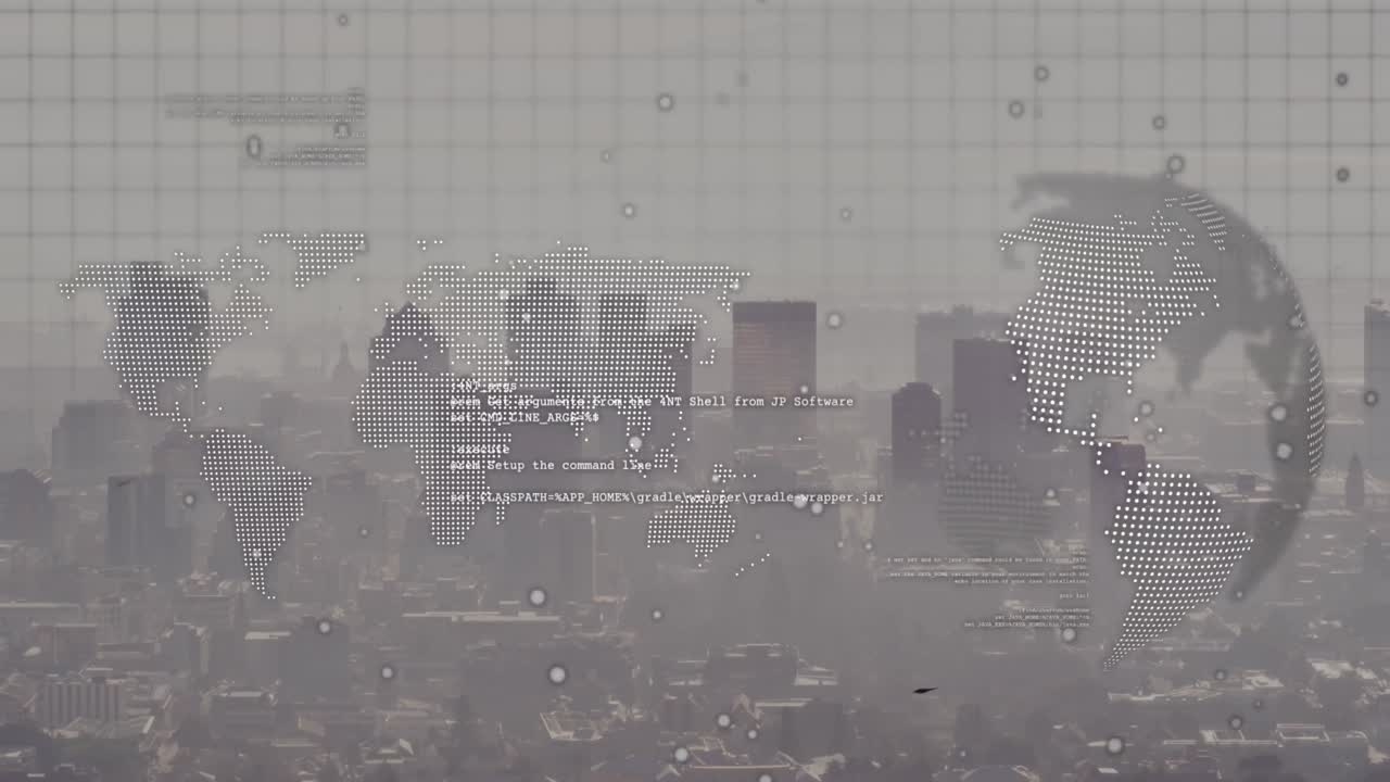 데이터 처리 및 도시 풍경 위의 지구의 애니메이션