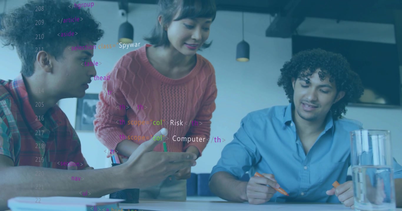 Left man gesturing, woman leaning, right man sketching planning security, overlay on sketches