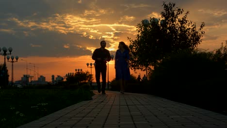 young couple walking to the camera. sunset