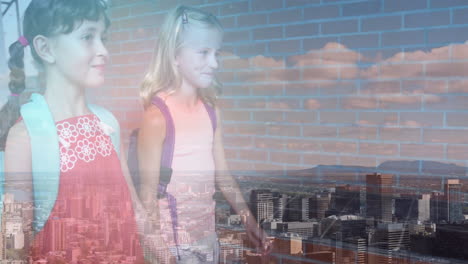 composite video of view of cityscape against two caucasian girls holding hands walking at school