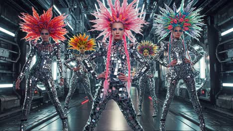 a dazzling display of futuristic dance performance featuring dancers in reflective costumes and elaborate floral headpieces in a high-tech environment