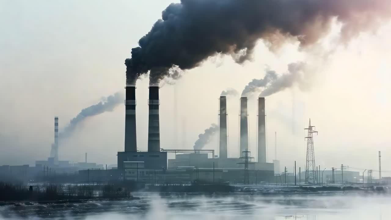Wide-angle shot of an industrial plant with smoke stacks emitting pollution