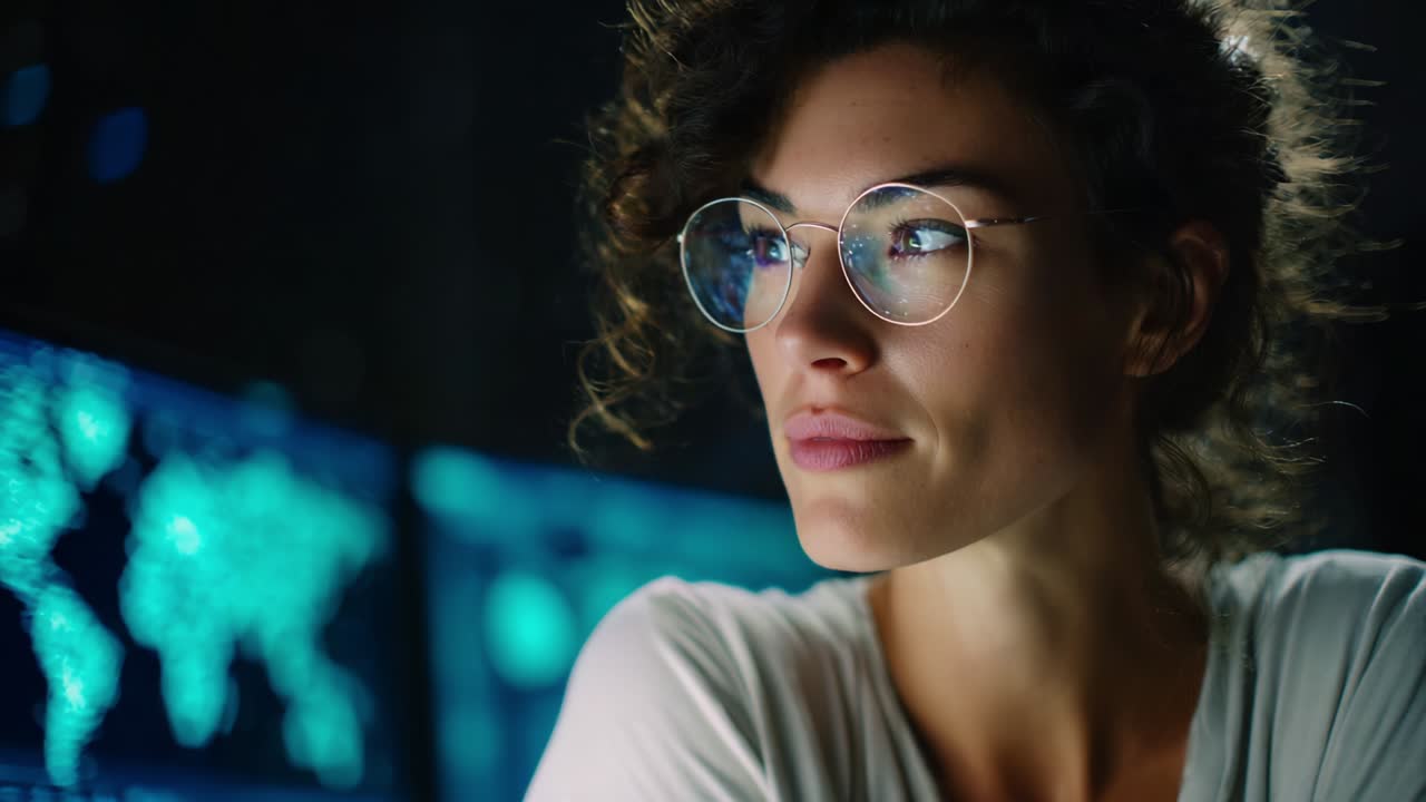 A thoughtful woman with glasses gazes at multiple data screens displaying digital maps and information, encapsulating the essence of modern technology and analytics in a captivating moment of contemplation