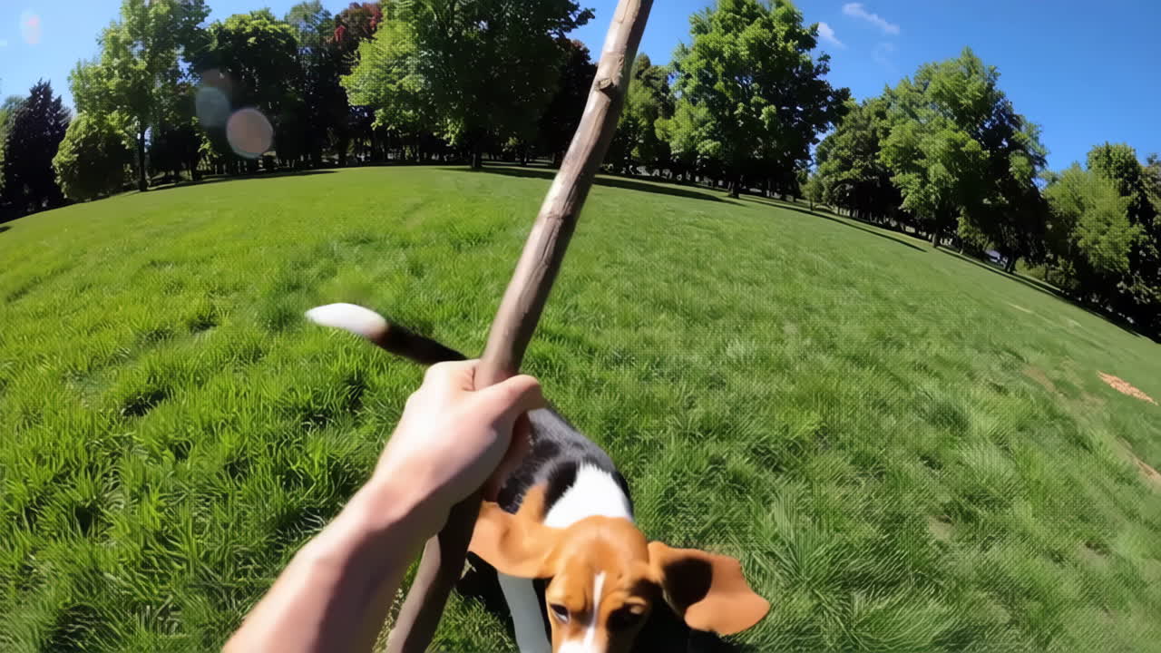 A beagle dog playing fetch with a stick in a sunny park