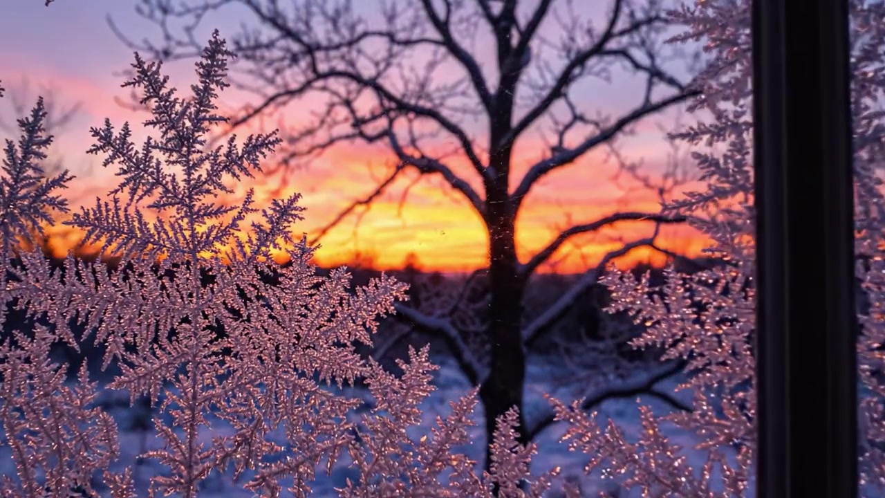 Um Pôr do Sol Sereno de Inverno Emoldurado por Vidraças Nevadas e Congeladas, Capturando a Beleza da Natureza e a Tranquilidade da Estação
