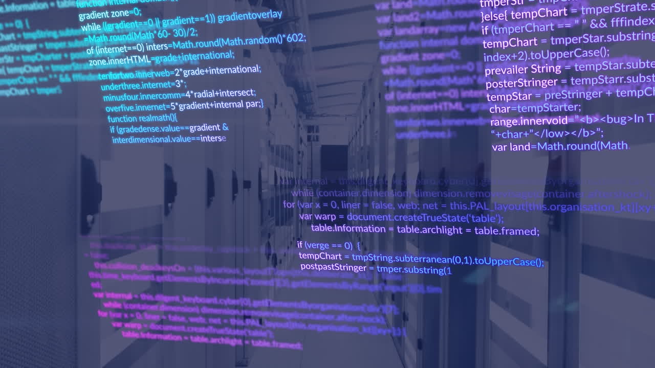 Animation of data processing and light trails against computer server room