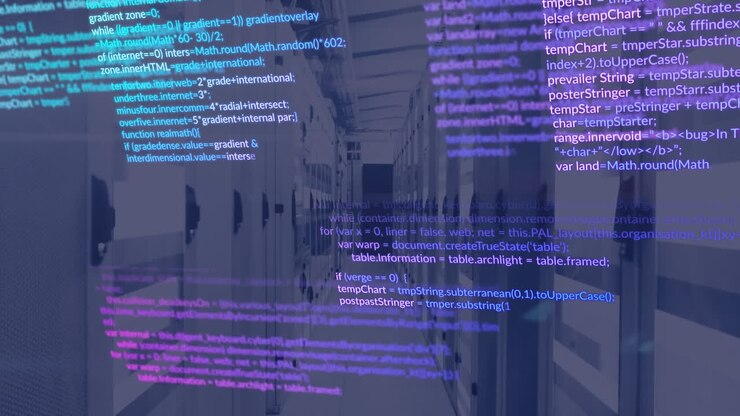 Animation of data processing and light trails against computer server room