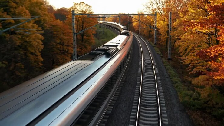 Dynamic video of a sleek train speeding through vibrant autumn foliage, captured from an elevated