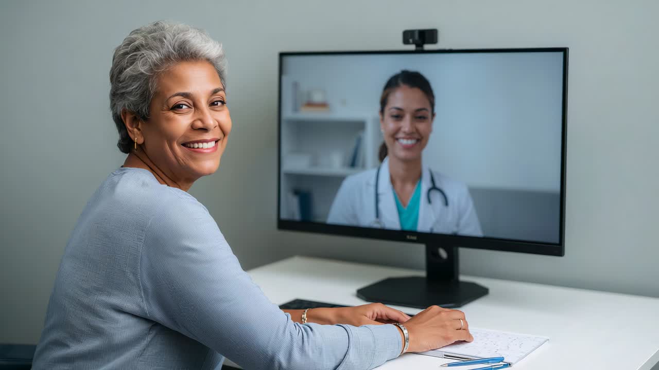 Joining telehealth call, senior woman in blue top consulting on monitor, taking notes, copy space