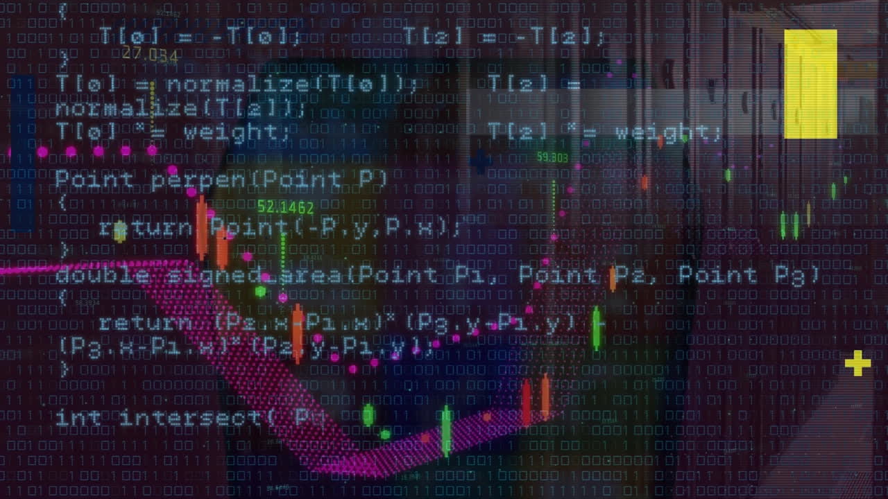 Animation of looping computer language over graphs, binary codes against server room in background