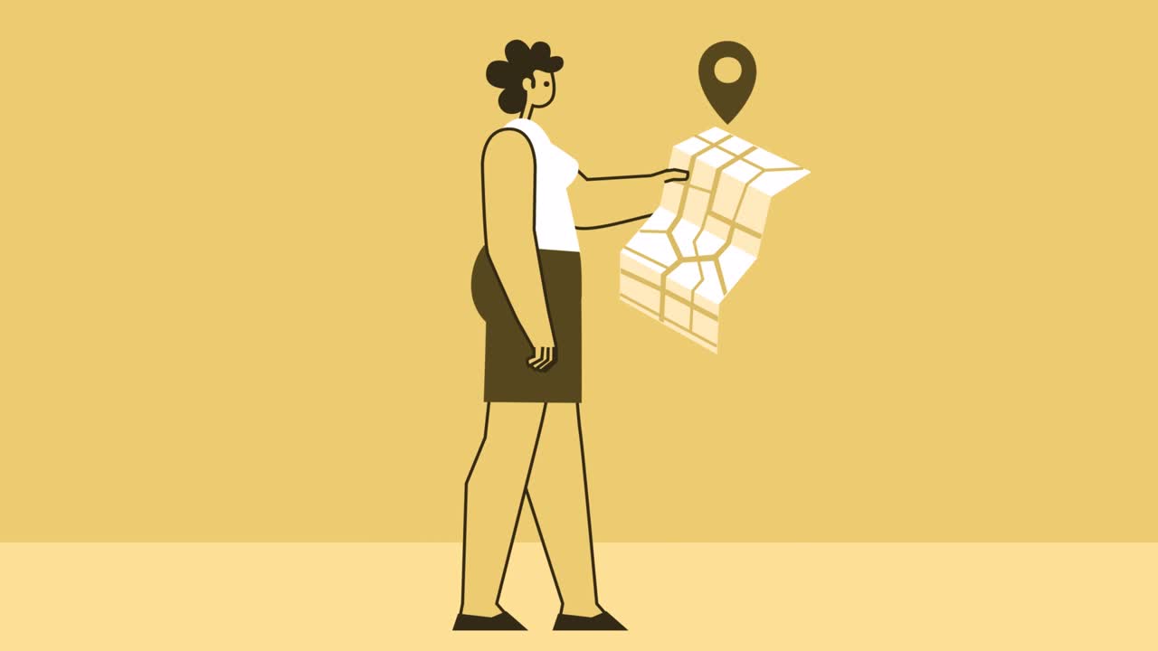 mujer de estilo amarillo personaje plano ciclo de caminata con mapa gps animación de bucle aislado con canal alfa