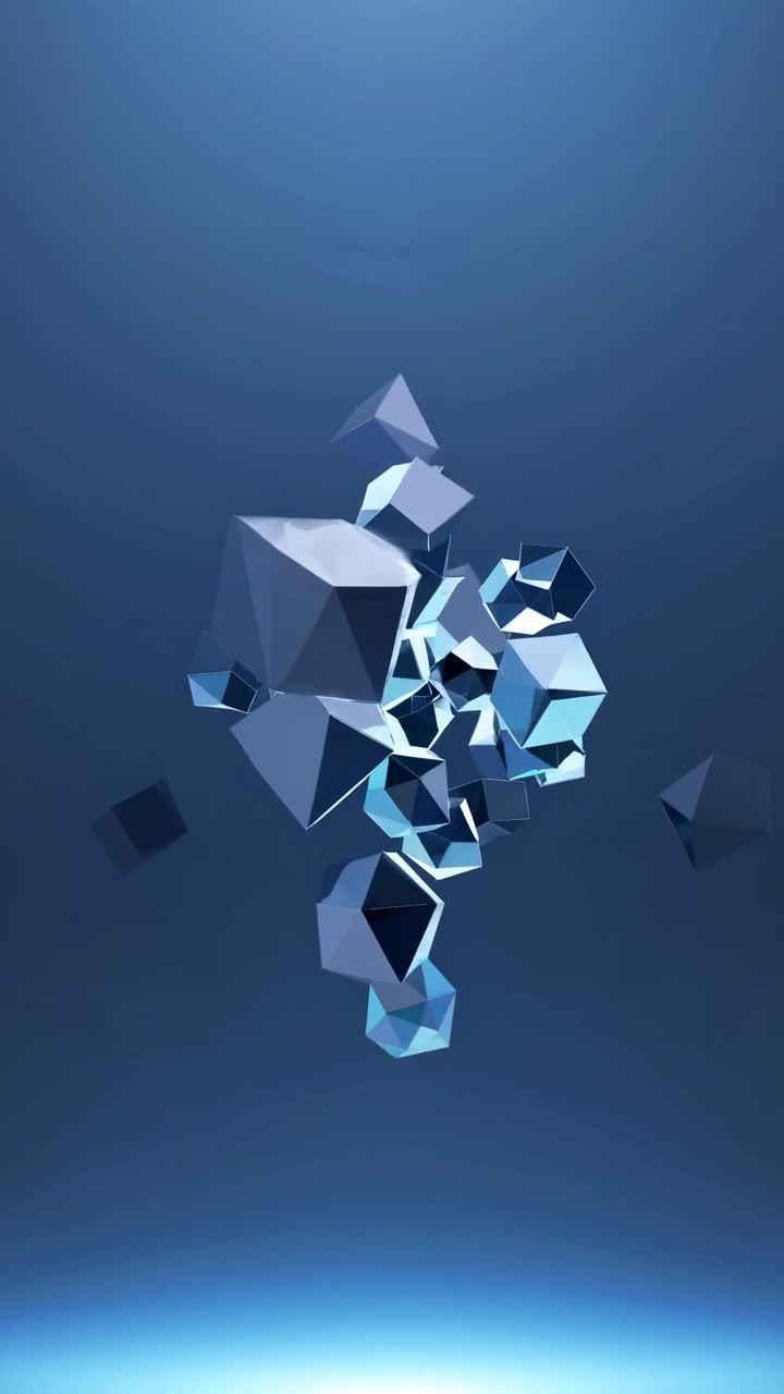 Abstraktit leijuvat geometriset muodot sinisessä tilassa