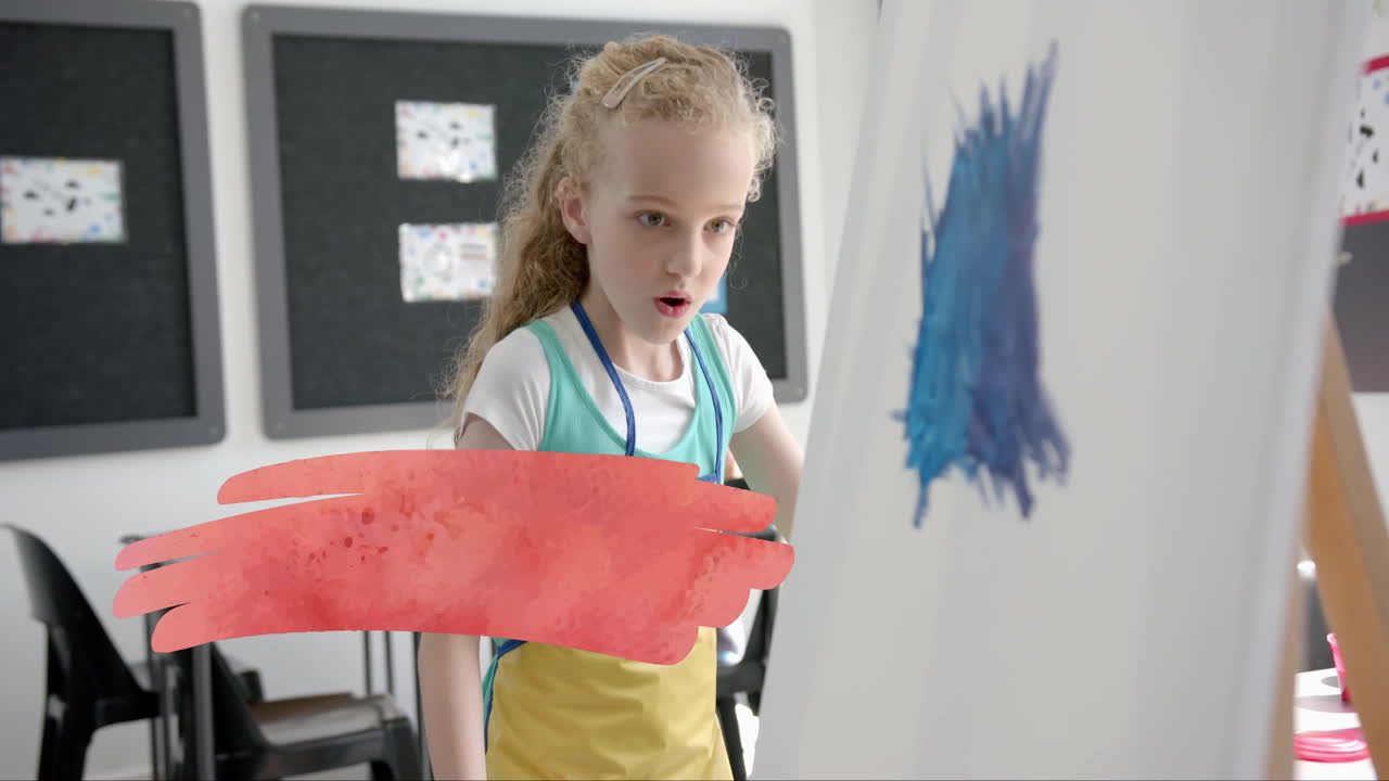 Painting on canvas, young girl in classroom with red brushstroke animation