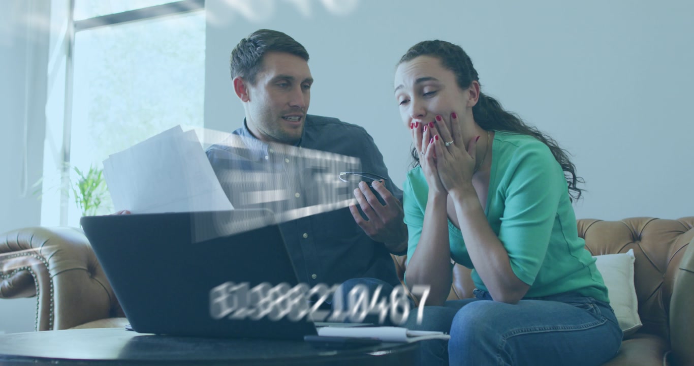 Animation of numbers changing over caucasian couple using laptop