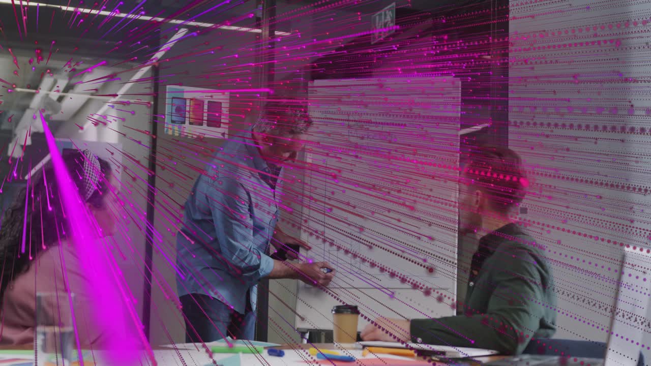 Presenter picking marker, writing board, showing plan to team in business, magenta streak obscuring