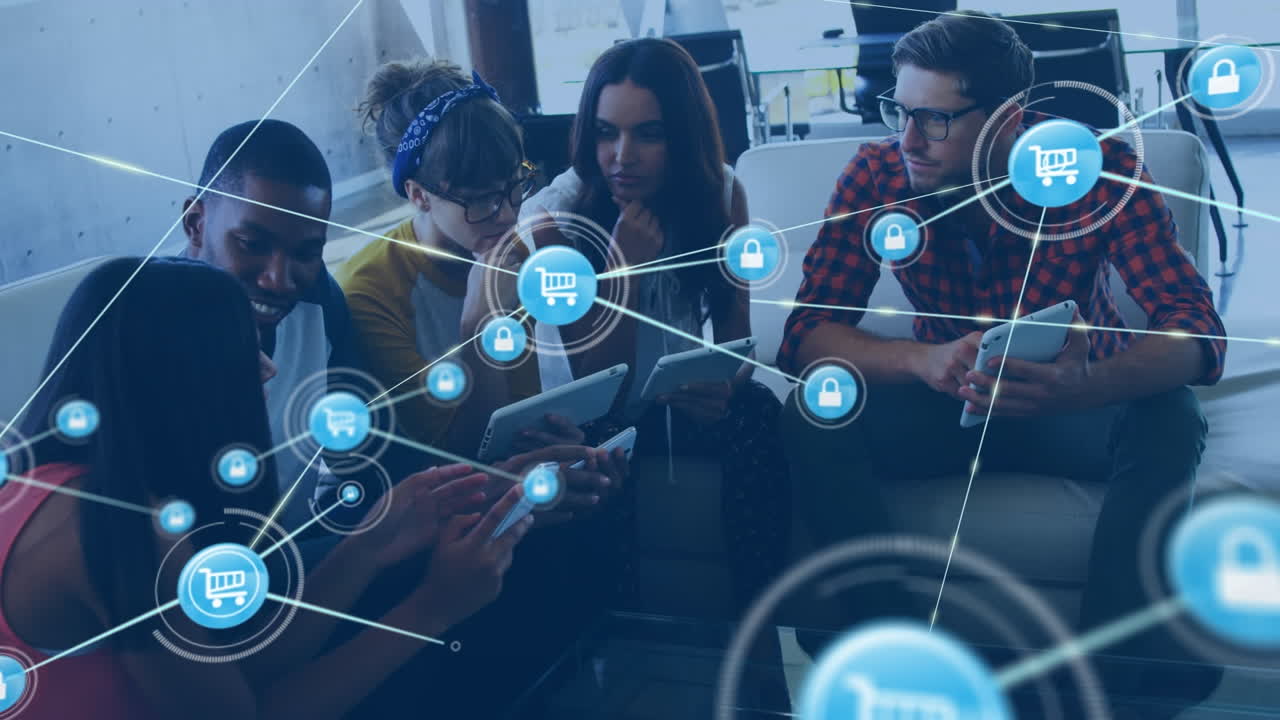 animación de la red de conexiones con iconos sobre diversas personas de negocios que usan tabletas