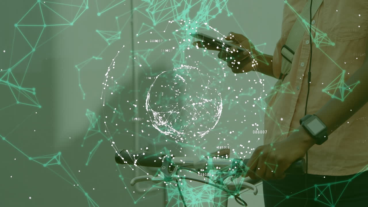 animación de la red de conexiones con iconos sobre las manos utilizando el teléfono inteligente