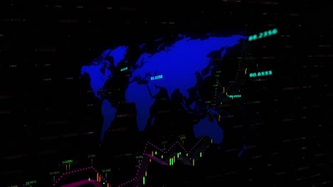 animation of financial data processing over world map against black background