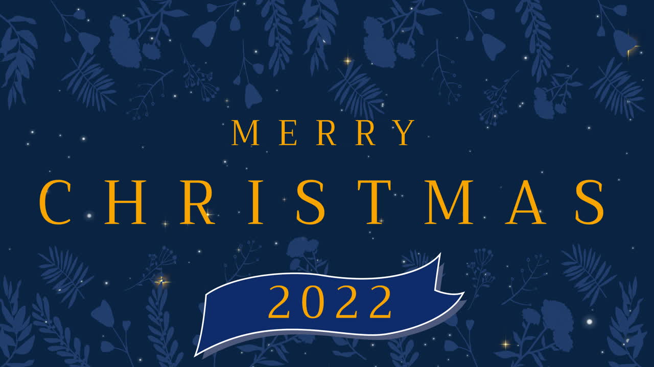 메리 크리스마스 2022의 애니메이션 - 파란색 배경에 꽃을 가진 텍스트
