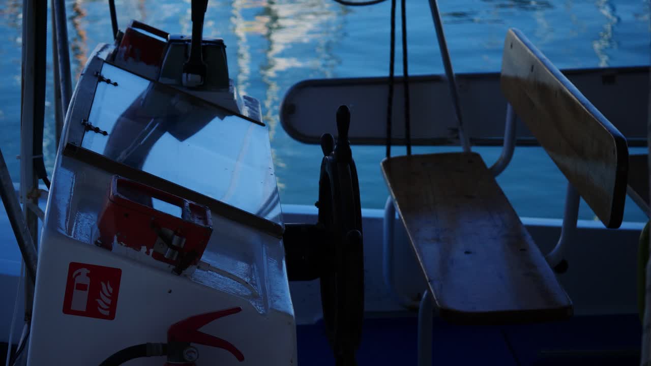 Command post of a pleasure boat at the dock