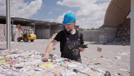 trabajador que realiza un control de calidad para comprobar las balas de papel prensado en la planta de reciclaje