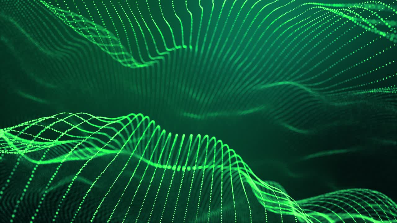 4k looped abstract green background of glow particles form lines, surfaces, structures as futuristic landscape in cyberspace or hologram. Sci-fi theme with DOF, lighting effects and bokeh.
