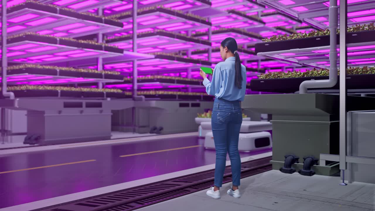 Full Body Back View Of An Asian Female Professional Worker Standing With Green Screen Smartphone In Vertical Farm, High-tech Industrial Facility