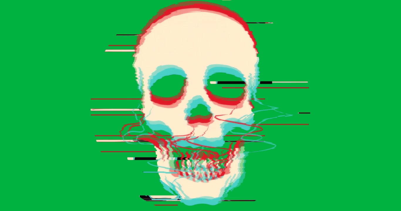 Grafica di teschio stilizzato che fluttua su sfondo trasparente, con linee glitch e anelli a tema tecnologico.