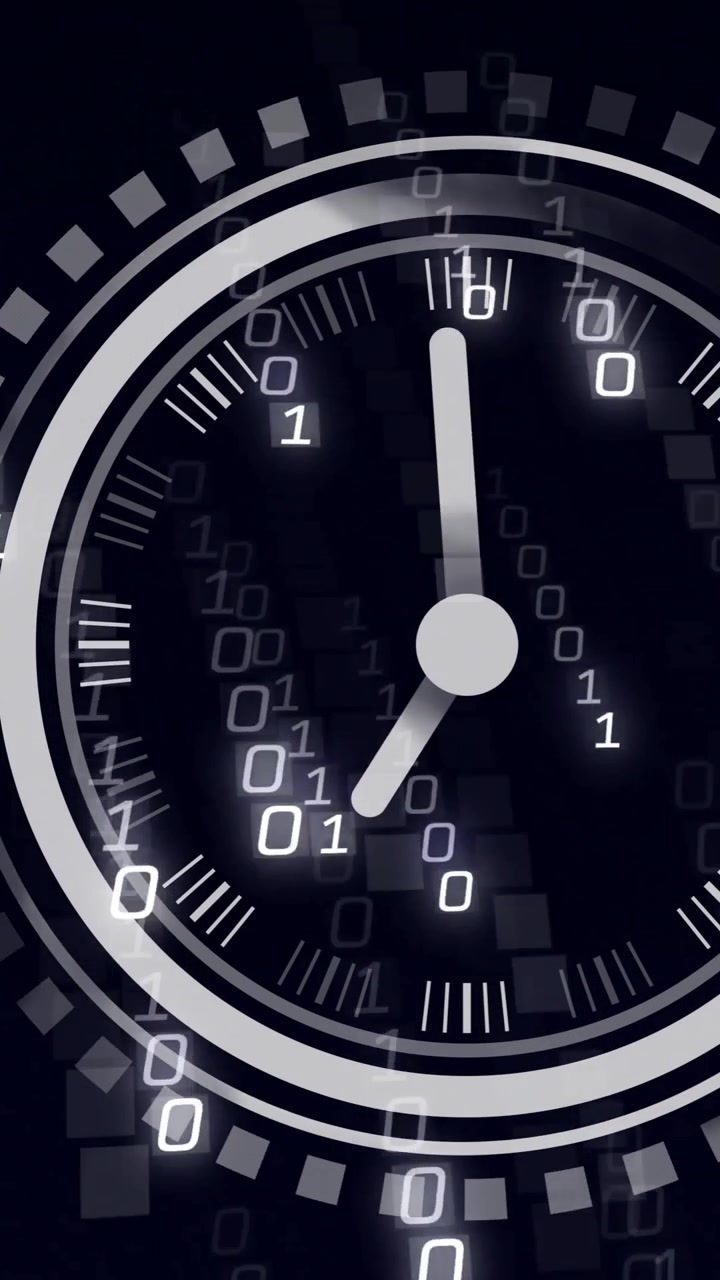Animation of moving clock over data processing on black background