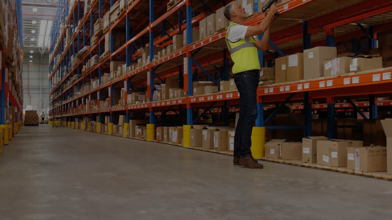 Magazziniere che scansiona un'etichetta e attiva anelli HUD animati con icone del profilo per l'inventario.
