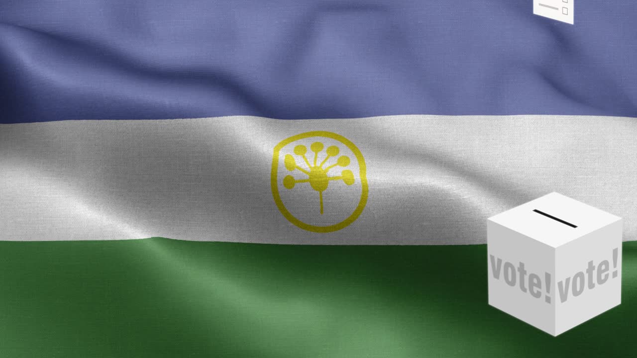 las papeletas de votación vuelan a la caja para la selección de bashkortostan - la caja de votación frente a la bandera - la bandera de bashkartostan - el bandera de bashkertostan de alto detalle - la bandera nacional de bashkortastán patrón de onda elementos loopables bashkortostán federación rusa - textura de tela y bucle sin fin